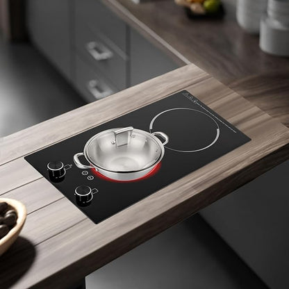 2 Burner Electric Cooktop, 20 Inch Electric Stove Top with Knob Controls, 9 Levels of Heat, Timer Function for Kitchens Apartment, Hotel