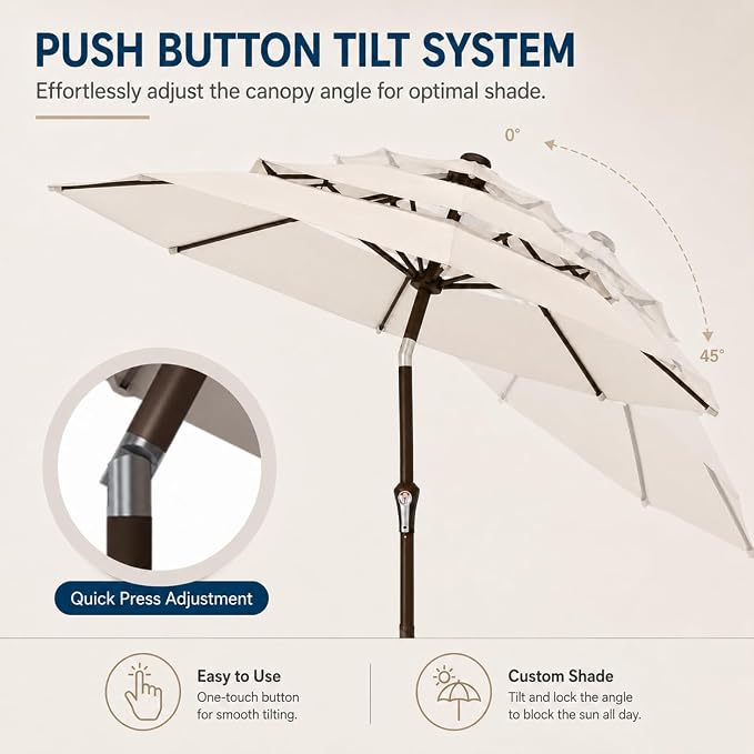 10ft Patio Umbrella, 3-Tier Vented Outdoor Table Umbrella with 8 Sturdy Fiberglass Ribs, Windproof Market Umbrella with Push Button Tilt and Crank, UV Protection for Deck, Pool, Creamy White