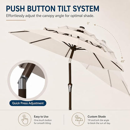 10ft Patio Umbrella, 3-Tier Vented Outdoor Table Umbrella with 8 Sturdy Fiberglass Ribs, Windproof Market Umbrella with Push Button Tilt and Crank, UV Protection for Deck, Pool, Creamy White