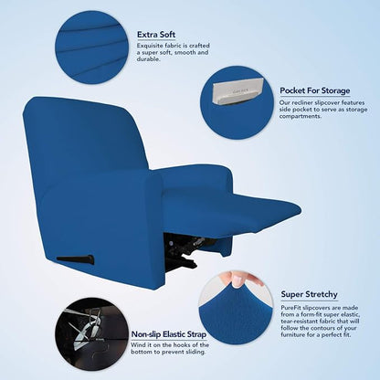 PureFit Stretc Recliner Chair Covers Fleece Soft Couch Covers for Sofa | Classic Blue 4-Pieces Recliner Slipcover Pocket Couch Protector, Fleece Sofa Cover Washable with Non Slip Elastic Bottom