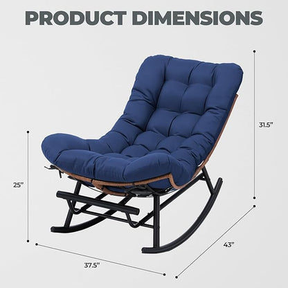 COMHOMA Outdoor Rocking Papasan Chair, Oversized Wicker Patio Rocker, Indoor Comfy Wicker Reading Lounge, Bed-Like Comfort Egg Chair for Bedroom,Balcony, Porch, Garden, Blue