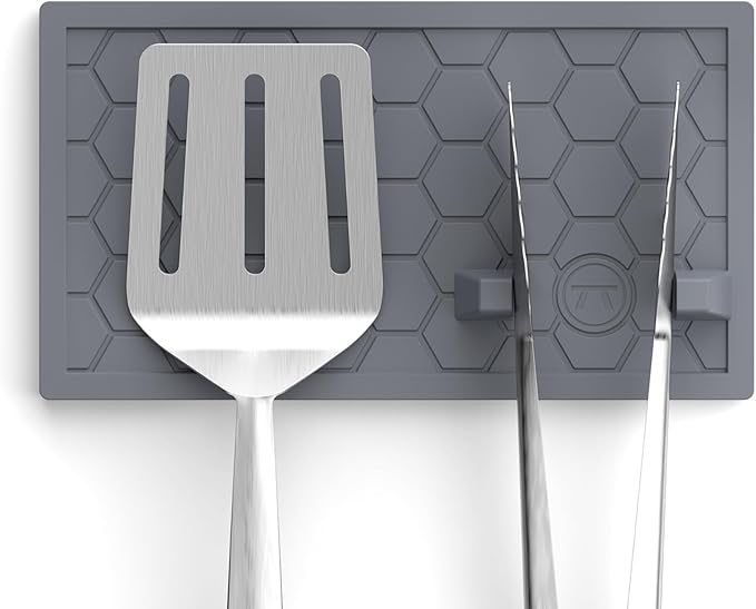 Outset Grill Mat Utensil Holder with Tong Station, 9.5" x 6", Silicone, Black