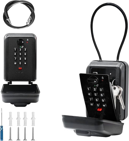 Flexible Steel Cable Lock Box for Keys, 12-Digit Combination Key Safe with Resettable Code, Large Capacity Weatherproof Outdoor Lockbox for House Keys, Home, Garage, Black