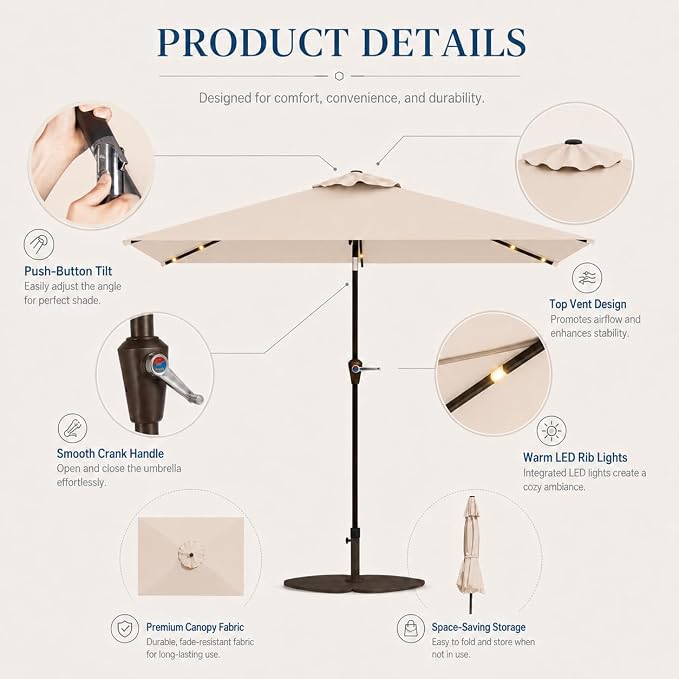 6.5 x 10ft Rectangular Patio Umbrella with Solar Lights, 16 LED Lighted Market Umbrella with Push-Button Tilt and Crank, 6 Sturdy Iron Ribs for Garden, Deck, Pool, Beige
