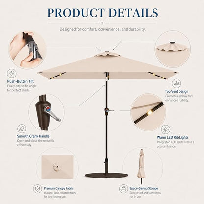 6.5 x 10ft Rectangular Patio Umbrella with Solar Lights, 16 LED Lighted Market Umbrella with Push-Button Tilt and Crank, 6 Sturdy Iron Ribs for Garden, Deck, Pool, Beige