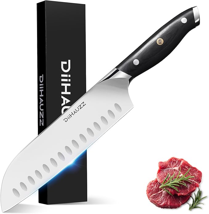 DiiHAUZZ Chef Knife, 7 Inch Ultra Sharp Japanese Santoku Knife, High Carbon Steel Forged Professional Kitchen Knife with Full Tang Triple-Riveted Ergonomic Handle for Slicing, Chopping, Dicing