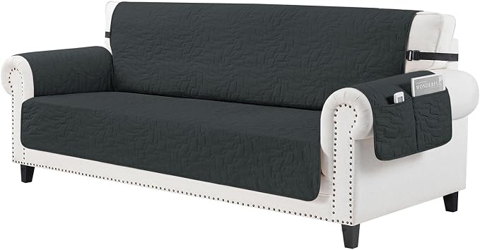 CUCRAF Non Slip Quilted Sofa Cover, Water Resistant Slipcover Furniture Protector for 3 Cushion Sofa Pet Friendly, Washable Couch Cover with Adjustable Elastic Straps (X-Large, Black)