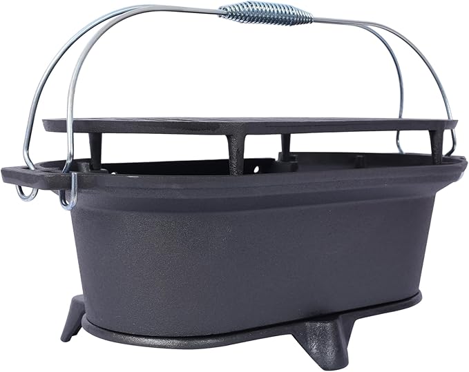 Cast Iron Hibachi Grill & Skillet Combo, Portable Charcoal Hibachi Grills, Compact Camping Charcoal Cooker for Tailgating, Picnics & Hunting (A)