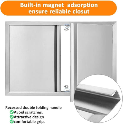 JIE JIN Outdoor Kitchen Door 24" W X 24" H Double Doors BBQ Access Door BBQ Island Door 304 Brushed Stainless Steel Flush Mount Door for Outdoor Kitchen BBQ Island Outdoor Cabinet Doors