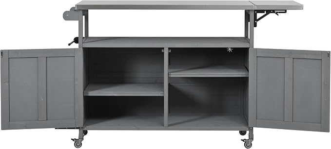 JIVOIT Outdoor Fir Wood Kitchen Island with Foldable Stainless Steel Top, Patio Mobile Kitchen Cart Portable Outdoor Cooking Island with Lockable Wheels, Storage Cabinet and Towel Rack (Gray/124)