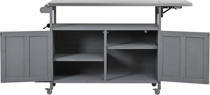 JIVOIT Outdoor Fir Wood Kitchen Island with Foldable Stainless Steel Top, Patio Mobile Kitchen Cart Portable Outdoor Cooking Island with Lockable Wheels, Storage Cabinet and Towel Rack (Gray/124)