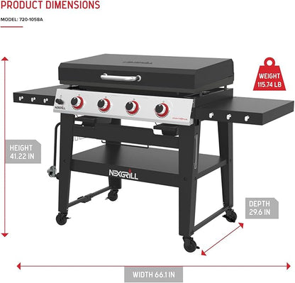Nexgrill Daytona 4-Burner Propane Gas Griddle with Side Tables, 60000 BTU Flat Top Grill, 756 SQ In. Hot-Rolled Steel Cooking Space, Outdoor Cooking Barbeque, Black/Silver - 720-1058A
