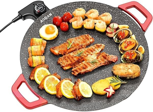 Electric Smokeless Grill, Non-Stick BBQ Griddle with Temperature Control, Round Cooking Surface with Red Handles, Indoor Barbecue Pan for Meat and Seafood (11)