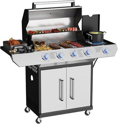 4-Burner Propane Gas Grill with Side Burner, 60,000 BTUs Output Stainless Steel Propane Grill for Outdoor Cooking and Patio Barbecues