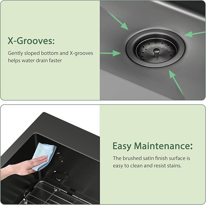 33x22 Drop In Kitchen Sink Black 16 Gauge Stainless Steel Single Bowl Drop Kitchen Sinks Nano PVD Gunmetal Black Handmade Large Deep Topmount Sinks, 33x22x9 Inch