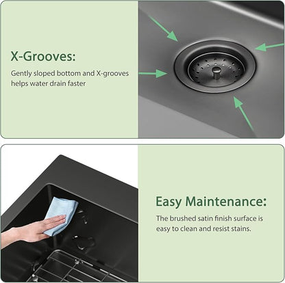 33x22 Drop In Kitchen Sink Black 16 Gauge Stainless Steel Single Bowl Drop Kitchen Sinks Nano PVD Gunmetal Black Handmade Large Deep Topmount Sinks, 33x22x9 Inch