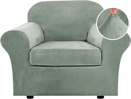 H.VERSAILTEX Rich Velvet Stretch 2 Piece Cover Chair Slipcover Sofa Cover Furniture Protector Couch Soft with Elastic Bottom Chair Couch Cover with Arms Width Up to 49 Inch(Chair, Sea Grass)