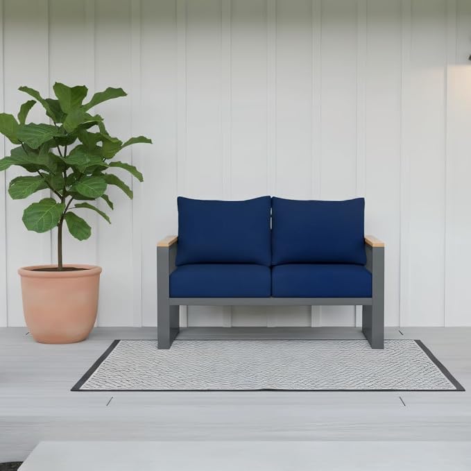 Sundale Outdoor Aluminum Patio Loveseat, All-Weather Outdoor Furniture with 6" Olefin Cushion & Wide Armrest, Outdoor Couch for Garden Deck Porch (Navy Blue)