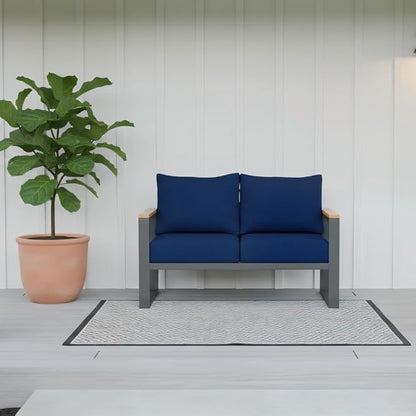 Sundale Outdoor Aluminum Patio Loveseat, All-Weather Outdoor Furniture with 6" Olefin Cushion & Wide Armrest, Outdoor Couch for Garden Deck Porch (Navy Blue)