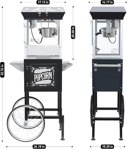 Popcorn Machine with Cart, Popcorn Popper with 8 Oz Kettle Makes Up to 32 Cups, Nostalgia Professional Cart with Warming Deck and Old Maids Drawer, Movie Night Supplies for Home, Black