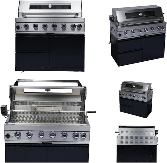 96-Inch Natural Gas Outdoor Kitchen Grill Island with 85,000 BTU, 6-Burner Outdoor Kitchen Bar Island Grill, Stainless Steel BBQ, Refrigerator, Rotisserie, Stainless Steel Countert, Black