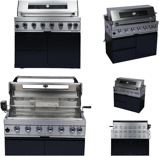 82" 6-Burner 85000 BTU Deluxe Outdoor Kitchen Island,304 Stainless Steel Modular Propane BBQ Grill Combination With Storage Cabinet, Refrigerator and Sink for Backyard (82"-Black&Sivler, Propane Gas)