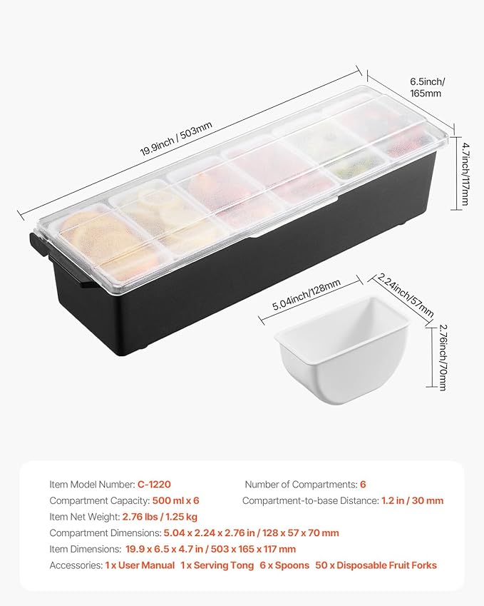 VEVOR Chilled Condiment Server, 6 Compartment Ice Cooled Condiment Serving Container, Chilled Garnish Tray Bar Caddy with Lid, for Bartending & Serving Taco, Salad, Fruit, Home & Restaurant Supplies | for BBQs, Picnics, Camping and Family Gatherings, c...