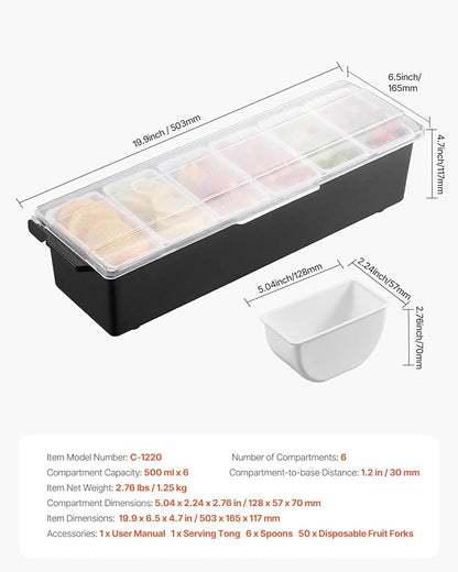 VEVOR Chilled Condiment Server, 6 Compartment Ice Cooled Condiment Serving Container, Chilled Garnish Tray Bar Caddy with Lid, for Bartending & Serving Taco, Salad, Fruit, Home & Restaurant Supplies | for BBQs, Picnics, Camping and Family Gatherings, c...