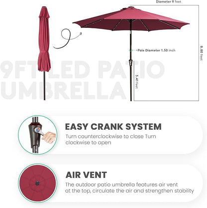 JEAREY 9FT Outdoor Patio Umbrella with Solar Lights, LED Lighted Pool Umbrella with Tilt and Crank, Outdoor Table Umbrellas for Deck, Yard & Market (Burgandy)