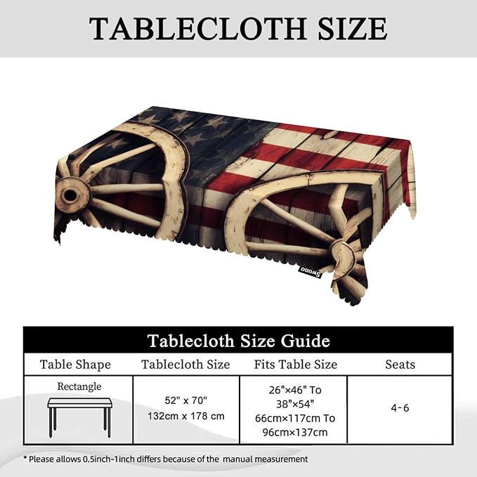 Swono American Flag 52"X70" Oblong Table Cloth Retro Wooden Wagon Wheels USA Flag Wrinkle Free Table Cover Farmhouse Tablecloth for Home Restaurant Picnic Indoor Outdoor Dining