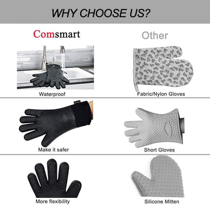 Comsmart BBQ Gloves, Heat Resistant Silicone Grilling Gloves, Long Waterproof BBQ Kitchen Oven Mitts with Inner Cotton Layer for Barbecue, Cooking, Baking, Smoker(Black)