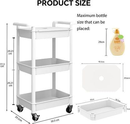 Steehoom 3-Tier Utility Rolling Cart with Cover Top Board, Mobile Utility Cart with Lockable Casters Multi-Functional Storage Trolley for Office, Bathroom, Kitchen, Garden, Laundry Room (White)