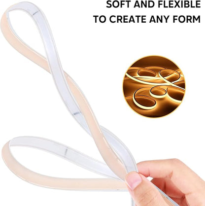 Flexible COB LED Strip Lights, Waterproof LED Light Strip, 5m Bendable Warm White Strip for Mirror, Desk, and Furniture Lighting (Warm White, 16.4ft)