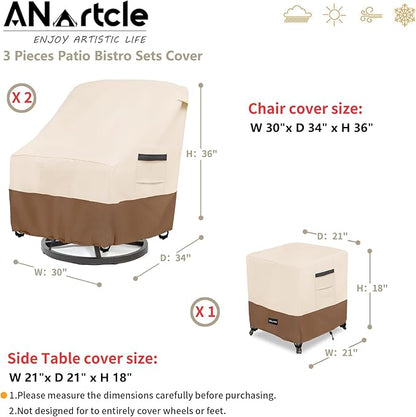 ANartcle 3 Pieces Patio Bistro Sets Cover,600D Waterproof Heavy Duty Patio Furniture Covers,Includes 2 Outdoor Swivel Chair Covers and 1 Patio Wicker Side Table Cover(Beige&Brown)