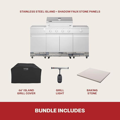 Tytus Fresno 5-Burner Propane or Natural Gas Island Grill – 864 sq. in. Cooking, 48,000 BTU Main + 12,000 BTU Side Burner, Porcelain Grates, Storage Cabinets, Semi-Portable -SS/Shadow Stone Deluxe Kit