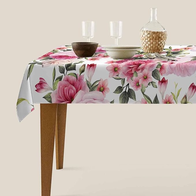 TKS MITLAN Roses Tablecloth 52 x 70 Inch Rectangular Wreath Pretty Floral Pink Peony Flowers Bud Leaf Bouquet Elegance Oblong Table Cloth Kitchen Table Decorations for Home Dinner Party