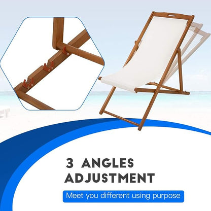 FDW Beach Sling Patio Chair for Relaxing, Foldable with Adjustable Height Made from Eucalyptus Wood with White Polyester,Khaki