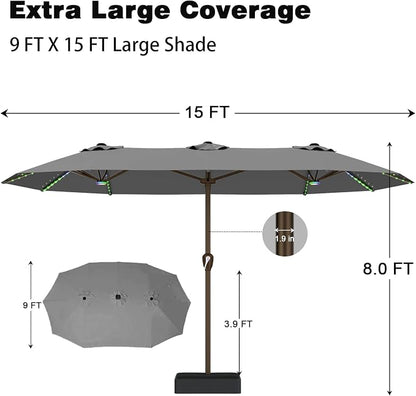 AreShark 15FT Large Rectangular Patio Umbrella with Solar Lights, Gray | Rectangle Lighted Outdoor Umbrella with Crank, Double-Sided Market Umbrella with Base for Porch, Lawn, Pool, Backyard