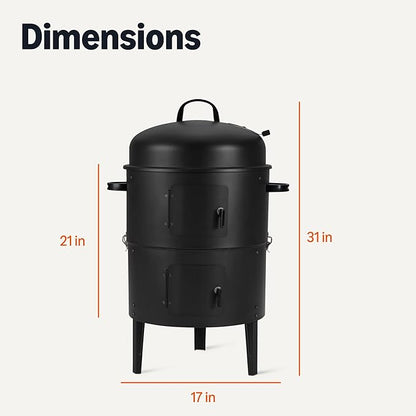Amazon Basics 16 inch Vertical Charcoal Outdoor Smoker, BBQ Grill, with Built-in Thermometer, 2-Layer Design, Adjustable Air Supply Control, Black