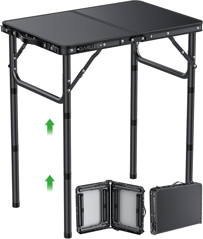 GARLLEN 2ft Folding Camping Table Max Capacity 66lbs, 3 Adjustable Height Folding Grill Table with MDF Tabletop, Lightweight Folding Tables for BBQ, Travel, Picnic, 22.8" L x 15.7" W