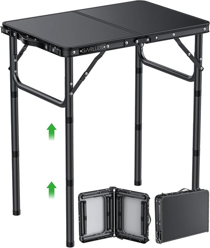 GARLLEN 2ft Folding Camping Table Max Capacity 66lbs, 3 Adjustable Height Folding Grill Table with MDF Tabletop, Lightweight Folding Tables for BBQ, Travel, Picnic, 22.8" L x 15.7" W