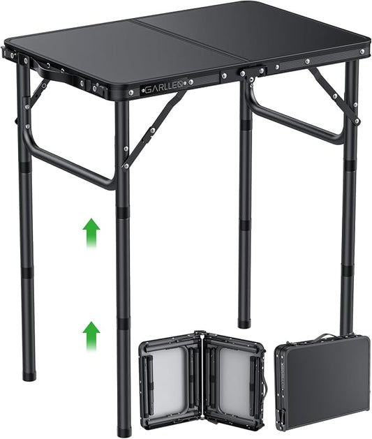 GARLLEN 2ft Folding Camping Table Max Capacity 66lbs, 3 Adjustable Height Folding Grill Table with MDF Tabletop, Lightweight Folding Tables for BBQ, Travel, Picnic, 22.8" L x 15.7" W