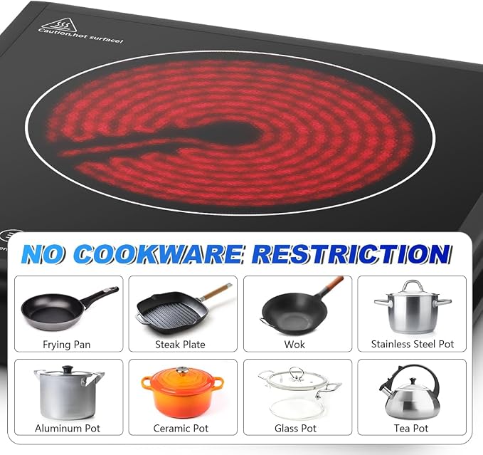 CUSIMAX Hot Plate 1500W Infrared Burner with Touch Panel, LED Display, Adjustable Power and Time 2h, Portable Electric Stove Crystal Glass Countertop Burner, Compatible with All Cookware