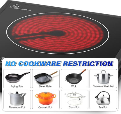 CUSIMAX Hot Plate 1500W Infrared Burner with Touch Panel, LED Display, Adjustable Power and Time 2h, Portable Electric Stove Crystal Glass Countertop Burner, Compatible with All Cookware
