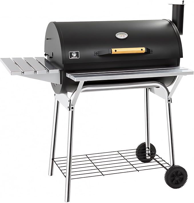 Barrel Charcoal Grill, Outdoor BBQ Smoker, 737 Sq. In. Cooking Area, Adjustable Charcoal Pan, Warming Rack, Front & Side Table, Storage Shelf, Enameled Steel Wire, Backyard, Patio (Large)
