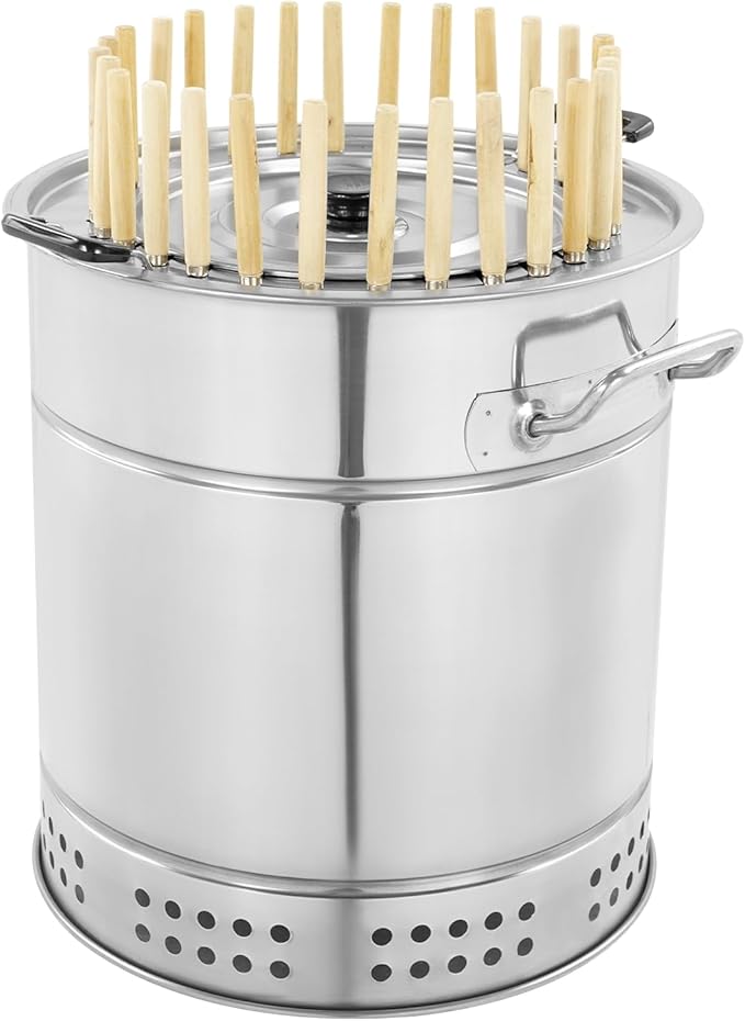 Smokeless Barbecue Charcoal Barrel, 2-In-1 Stainless Steel Thermal Insulation Charcoal Kebab Grill with Skewers & BBQ Net for Picnics, Camping, Traveling, Parties (28 Skewers)