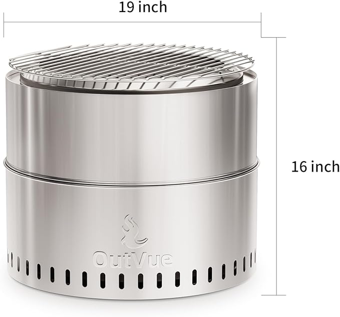 OutVue 19 inch Stainless Steel Smokeless Fire Pit with Grill, Outdoor Smokeless Firepit, Wood Burning Fire Pits for Camping, Bonfire, Low Smoke Firepit for Outside (Vertical Hole)
