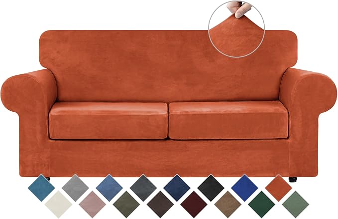 WEERRW Velvet Stretch 3 Pieces Couch Cover for Sofa Washable, Pumpkin | Love Seat Couch Covers for 2 Cushion Couch Sofa Furniture Protector slipcoves with Elastic Bottom for Kids, Medium