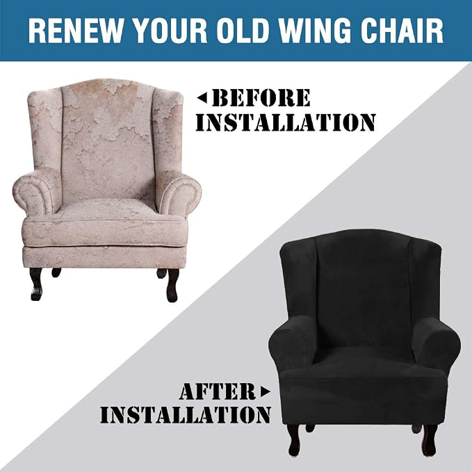 H.VERSAILTEX Wingback Chair Covers Velvet Plush Wing Chair Slipcover 1 Piece High Stretch Wing Back Chair Slipcovers Sofa Cover Furniture Cover with Elastic Bottom, Black