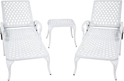 KEIKI Chaise Lounge Chair Outdoor Set of 2, Aluminium Cast Patio Chaise Lounge with Adjustable Backrest and Moveable Wheels, 3 Pieces Outside Tanning Chair, White and White (Side Table Not Included)